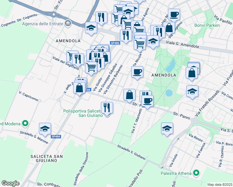 map of restaurants, bars, coffee shops, grocery stores, and more near 24 Via Antonio Consetti in Modena
