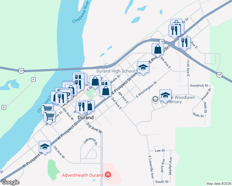 map of restaurants, bars, coffee shops, grocery stores, and more near 403 4th Avenue East in Durand