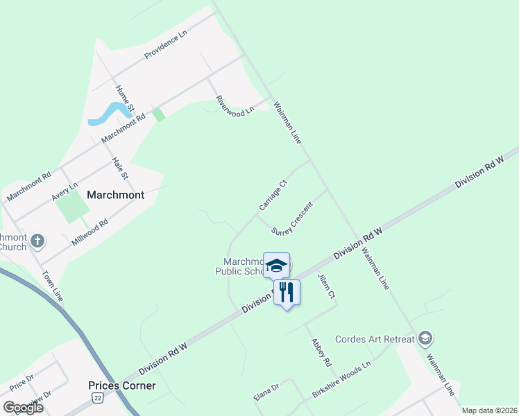 map of restaurants, bars, coffee shops, grocery stores, and more near 1892 Carriage Court in Orillia