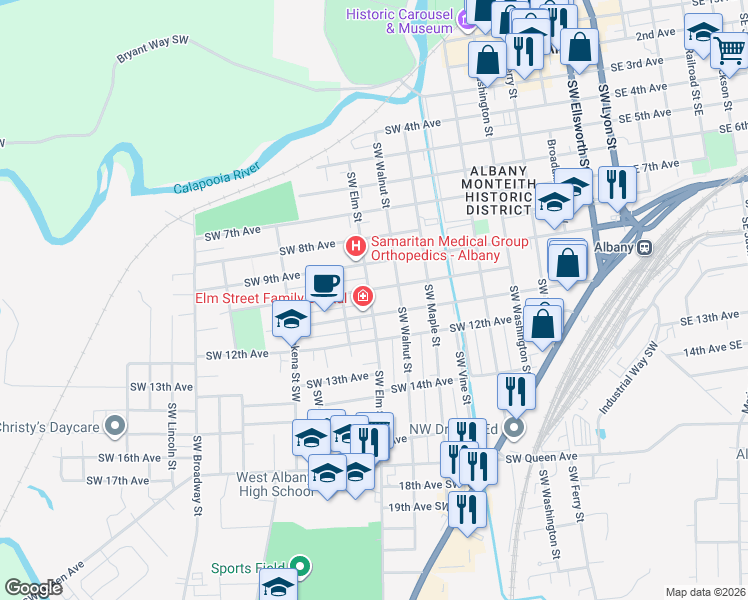 map of restaurants, bars, coffee shops, grocery stores, and more near 1015 Southwest Elm Street in Albany