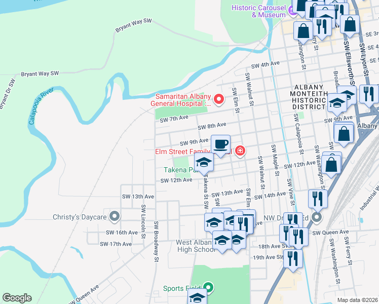 map of restaurants, bars, coffee shops, grocery stores, and more near 838 Takena Street Southwest in Albany