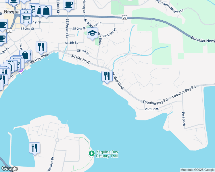 map of restaurants, bars, coffee shops, grocery stores, and more near 1000 Southeast Bay Boulevard in Newport