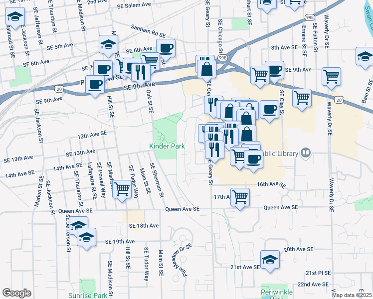map of restaurants, bars, coffee shops, grocery stores, and more near 1332 Southeast Cleveland Street in Albany