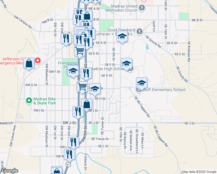 map of restaurants, bars, coffee shops, grocery stores, and more near 470 Southeast 8th Street in Madras