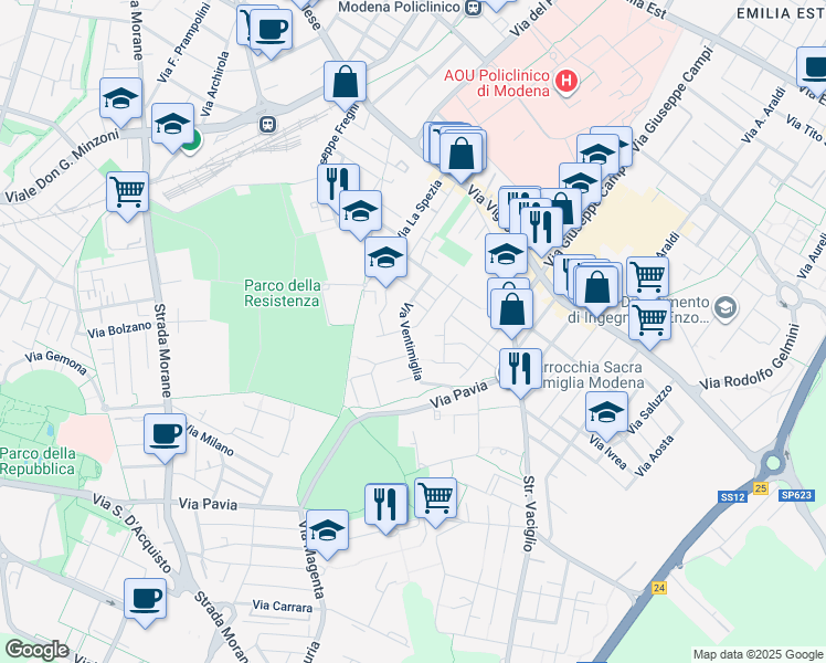 map of restaurants, bars, coffee shops, grocery stores, and more near 55-73 Via Ventimiglia in Modena