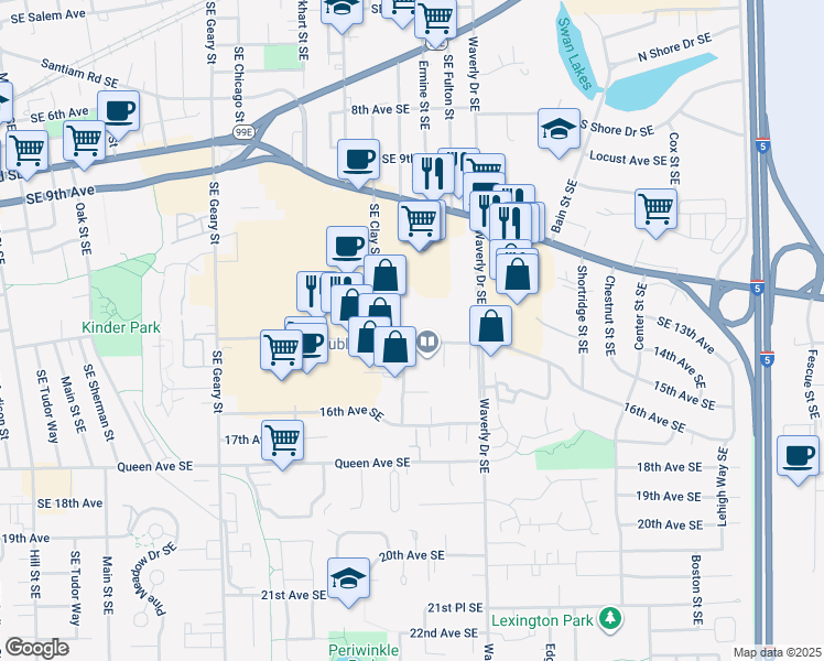 map of restaurants, bars, coffee shops, grocery stores, and more near 1350 Southeast Waverly Drive in Albany
