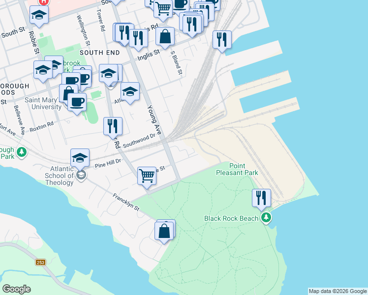 map of restaurants, bars, coffee shops, grocery stores, and more near 5651 Ogilvie Street in Halifax