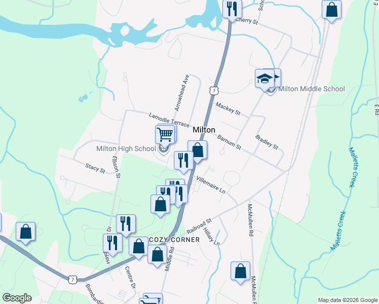 map of restaurants, bars, coffee shops, grocery stores, and more near 141 U.S. 7 in Milton