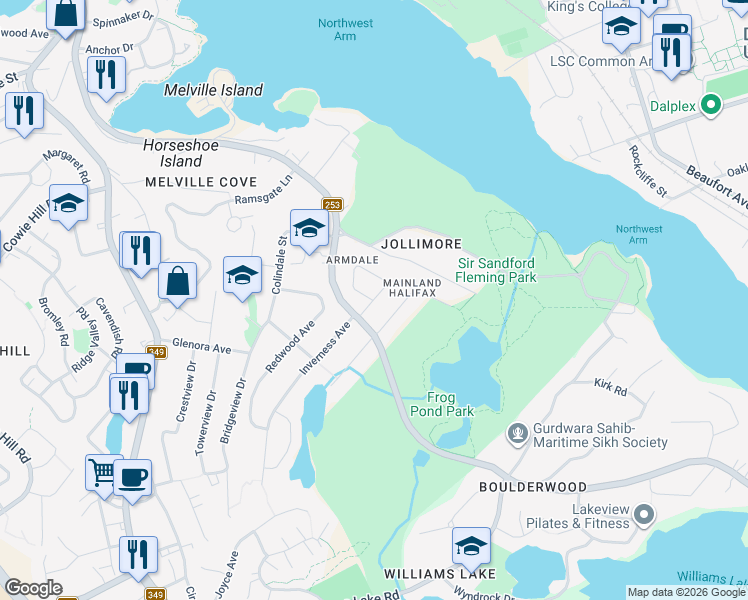 map of restaurants, bars, coffee shops, grocery stores, and more near 28 Westgate Drive in Halifax