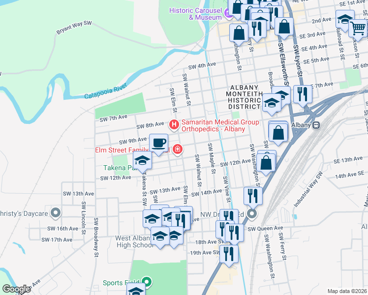 map of restaurants, bars, coffee shops, grocery stores, and more near 921 Southwest 10th Avenue in Albany