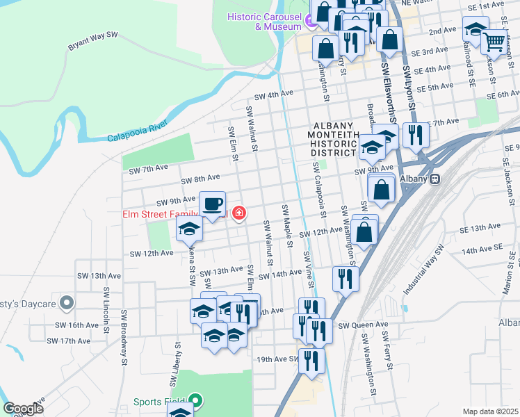 map of restaurants, bars, coffee shops, grocery stores, and more near 921 Southwest 10th Avenue in Albany