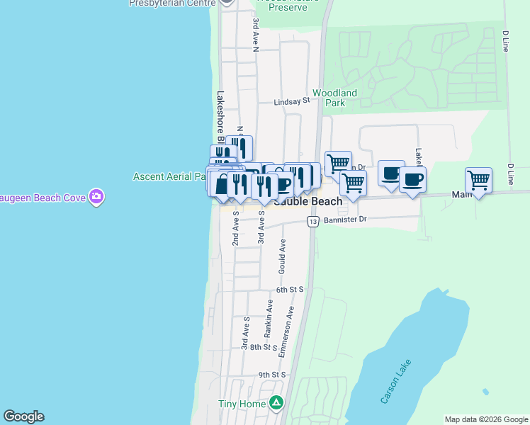 map of restaurants, bars, coffee shops, grocery stores, and more near 7 3rd Avenue South in Sauble Beach