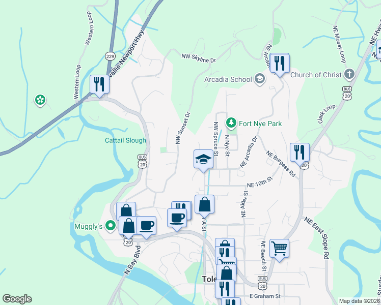 map of restaurants, bars, coffee shops, grocery stores, and more near 1499 Arcadia Road Northwest in Toledo