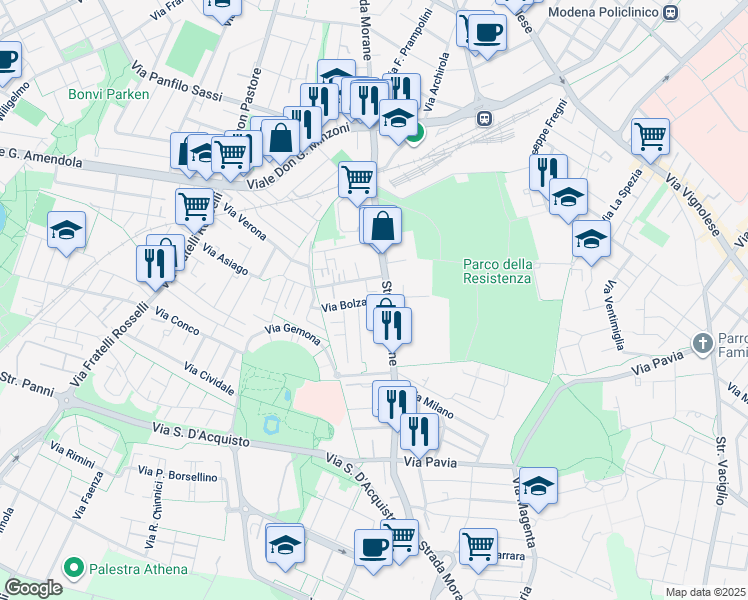map of restaurants, bars, coffee shops, grocery stores, and more near 17 Via Bartolomeo de Polli in Modena