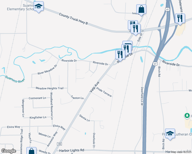 map of restaurants, bars, coffee shops, grocery stores, and more near 1899 Riverside Drive in Suamico