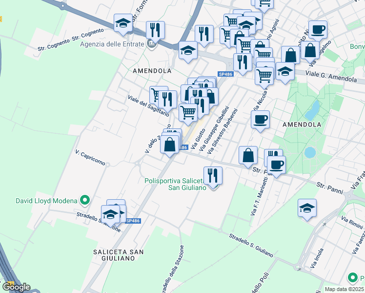 map of restaurants, bars, coffee shops, grocery stores, and more near 791 Via Pietro Giardini in Modena