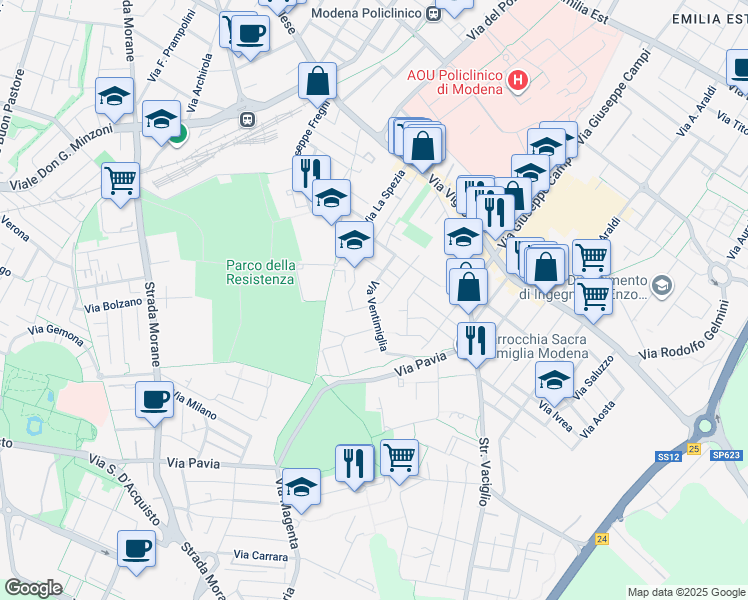 map of restaurants, bars, coffee shops, grocery stores, and more near 73 Via Ventimiglia in Modena