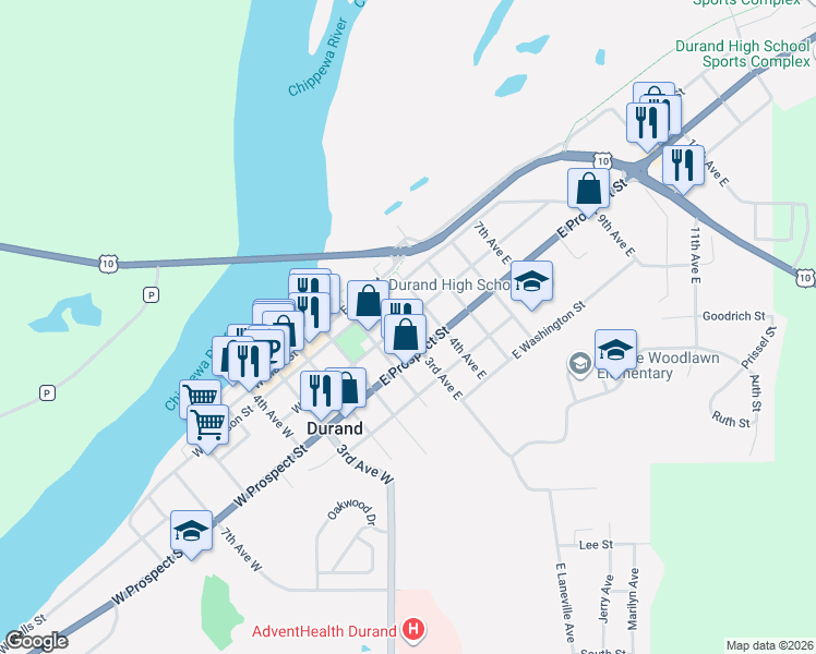 map of restaurants, bars, coffee shops, grocery stores, and more near 311 3rd Avenue East in Durand