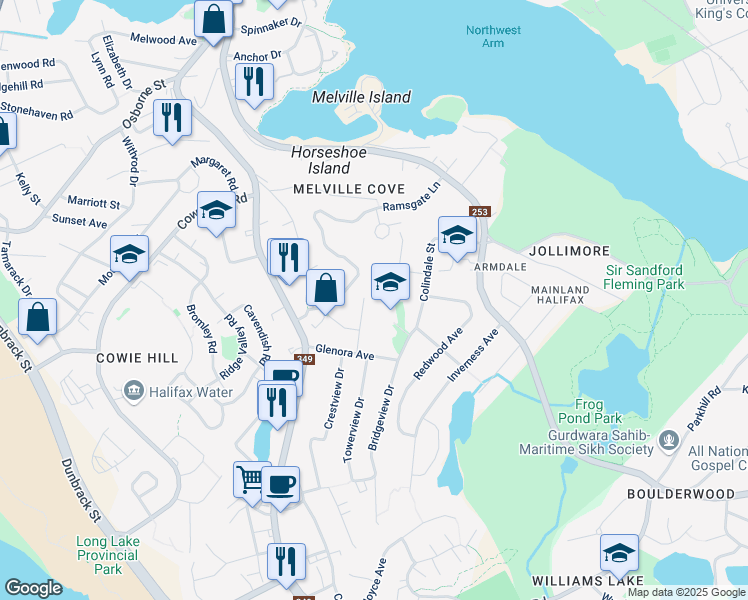 map of restaurants, bars, coffee shops, grocery stores, and more near 44 Eastview Drive in Halifax