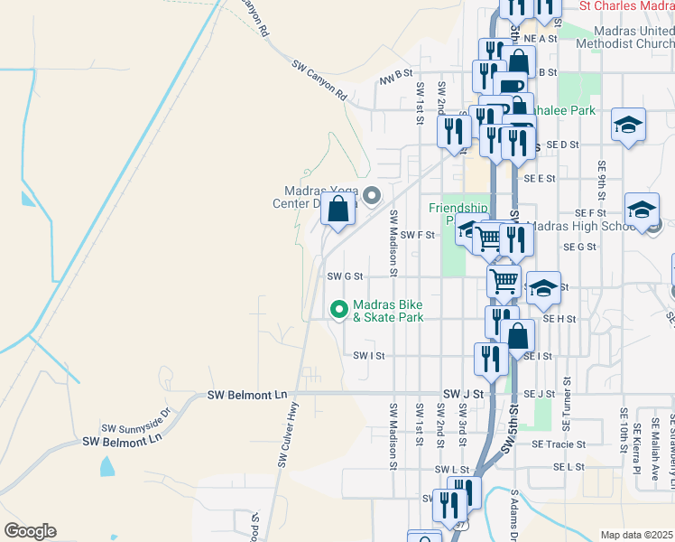 map of restaurants, bars, coffee shops, grocery stores, and more near 418 Southwest G Street in Madras