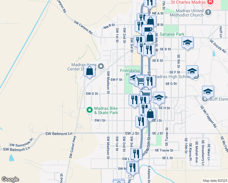 map of restaurants, bars, coffee shops, grocery stores, and more near 477 Southwest 1st Street in Madras