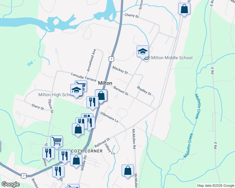 map of restaurants, bars, coffee shops, grocery stores, and more near 15 Barnum Street in Milton