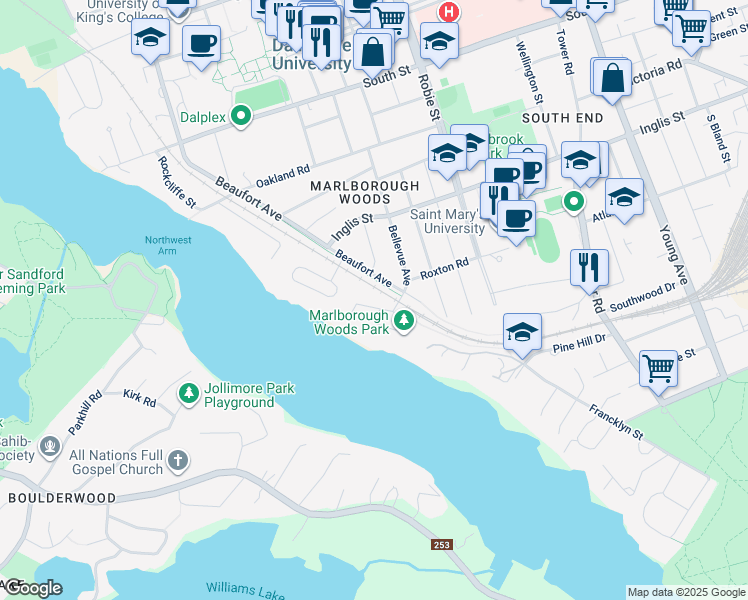 map of restaurants, bars, coffee shops, grocery stores, and more near 929 Winwick Road in Halifax