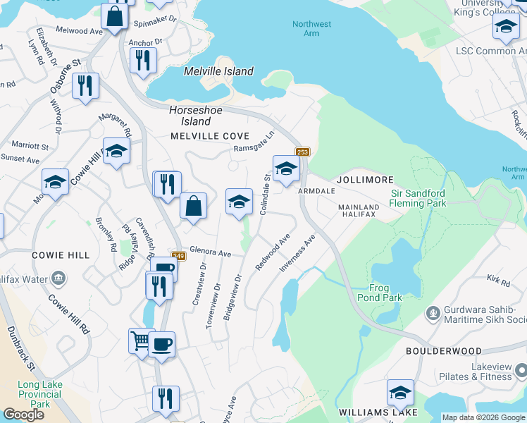 map of restaurants, bars, coffee shops, grocery stores, and more near Colindale Street in Halifax
