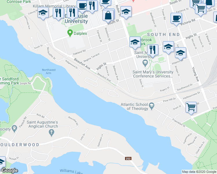 map of restaurants, bars, coffee shops, grocery stores, and more near 929 Winwick Road in Halifax