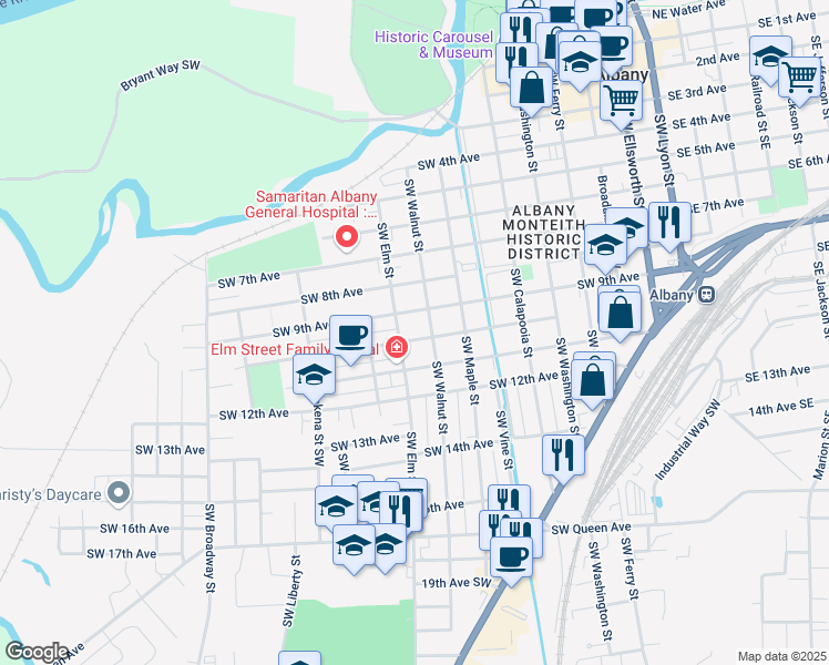 map of restaurants, bars, coffee shops, grocery stores, and more near 921 Southwest 10th Avenue in Albany