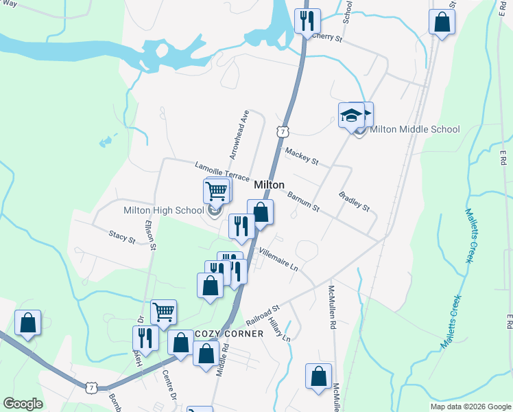 map of restaurants, bars, coffee shops, grocery stores, and more near 141 U.S. 7 in Milton