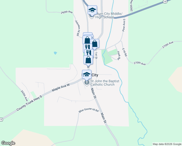 map of restaurants, bars, coffee shops, grocery stores, and more near 304 1st Street in Plum City