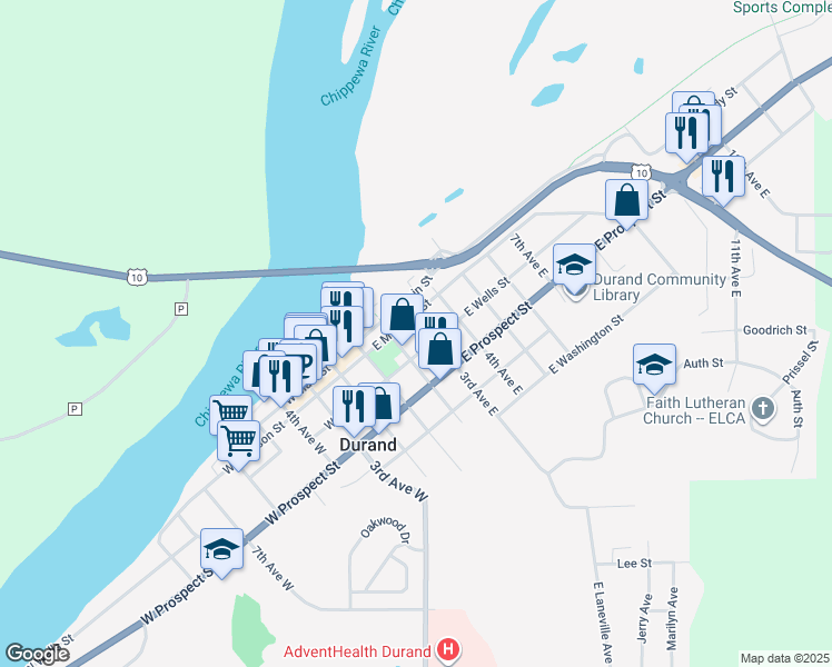 map of restaurants, bars, coffee shops, grocery stores, and more near 311 3rd Avenue East in Durand