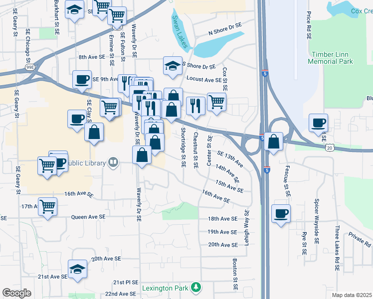 map of restaurants, bars, coffee shops, grocery stores, and more near 1305 Shortridge Street Southeast in Albany