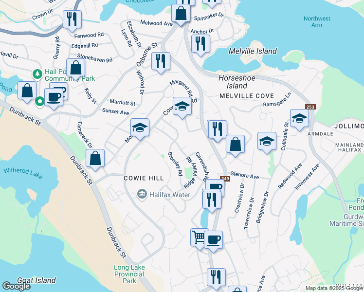 map of restaurants, bars, coffee shops, grocery stores, and more near 79 Ridge Valley Road in Halifax