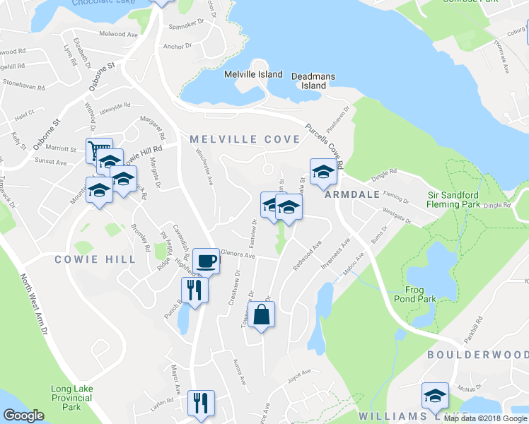 map of restaurants, bars, coffee shops, grocery stores, and more near 44 Eastview Drive in Halifax
