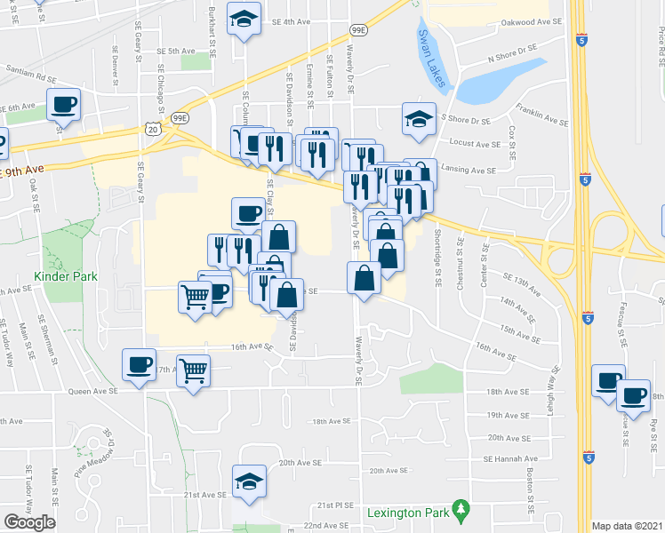map of restaurants, bars, coffee shops, grocery stores, and more near 1350 Southeast Waverly Drive in Albany