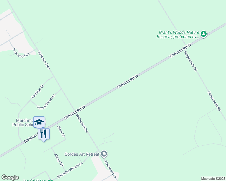 map of restaurants, bars, coffee shops, grocery stores, and more near 1743 Division Road West in Orillia