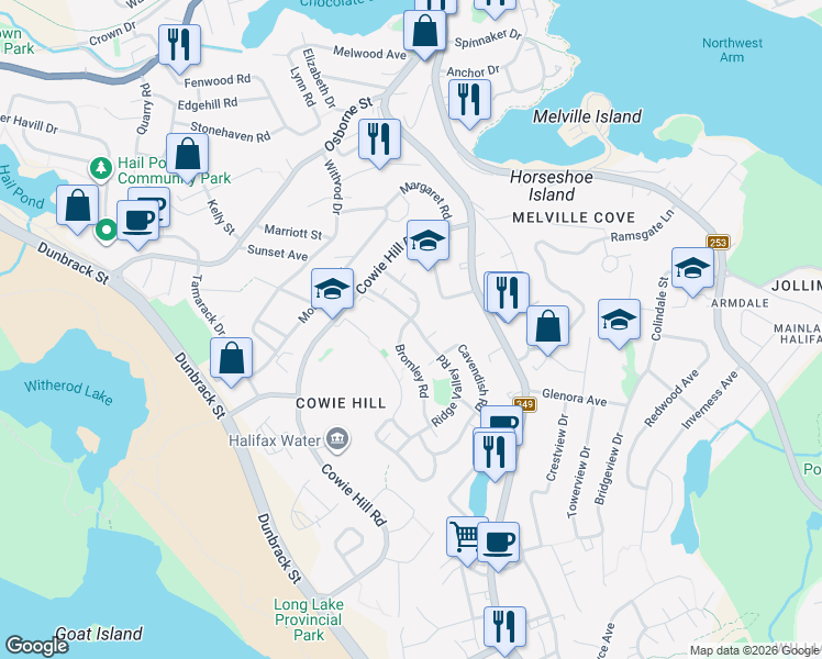 map of restaurants, bars, coffee shops, grocery stores, and more near 68 Ridge Valley Road in Halifax