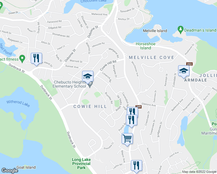 map of restaurants, bars, coffee shops, grocery stores, and more near 68 Ridge Valley Road in Halifax