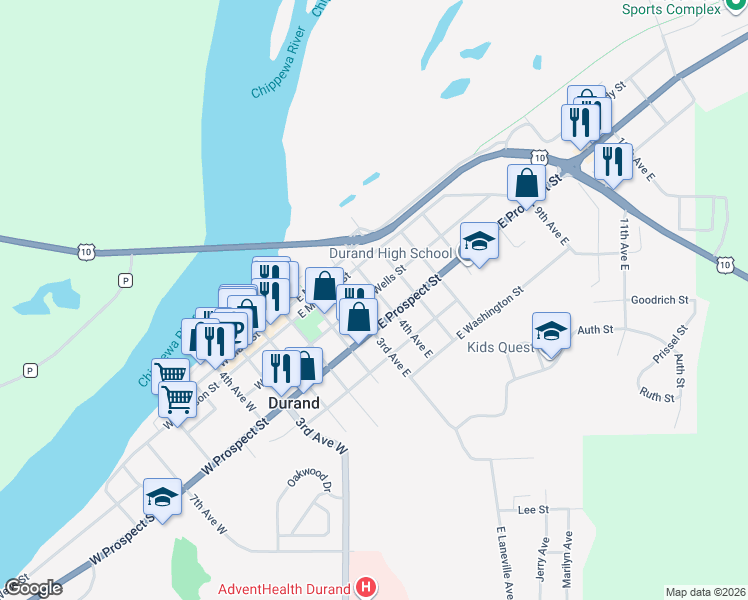 map of restaurants, bars, coffee shops, grocery stores, and more near 403 4th Avenue East in Durand