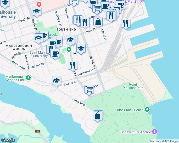 map of restaurants, bars, coffee shops, grocery stores, and more near 5724 Southwood Drive in Halifax
