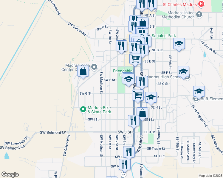 map of restaurants, bars, coffee shops, grocery stores, and more near 477 Southwest 1st Street in Madras