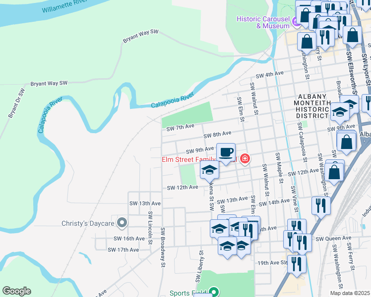 map of restaurants, bars, coffee shops, grocery stores, and more near 1315 Southwest 9th Avenue in Albany
