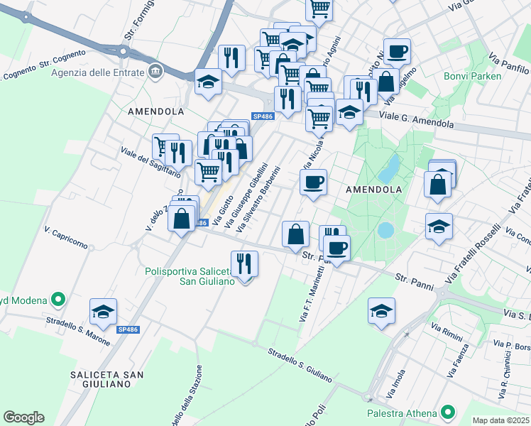 map of restaurants, bars, coffee shops, grocery stores, and more near 24 Via Antonio Consetti in Modena