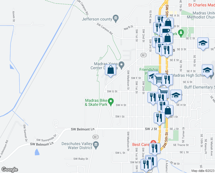 map of restaurants, bars, coffee shops, grocery stores, and more near 471 Southwest Culver Highway in Madras