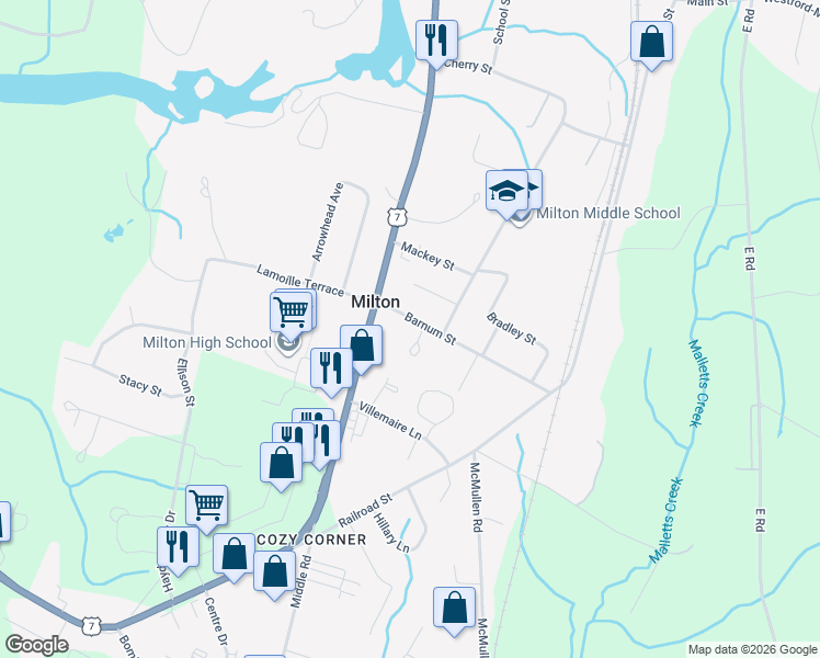 map of restaurants, bars, coffee shops, grocery stores, and more near 15 Barnum Street in Milton