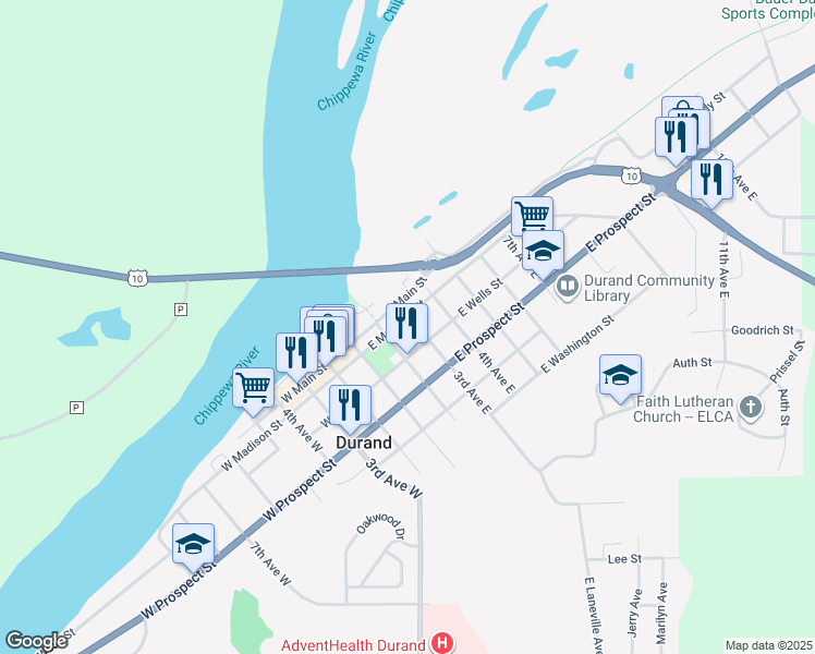 map of restaurants, bars, coffee shops, grocery stores, and more near 311 3rd Avenue East in Durand