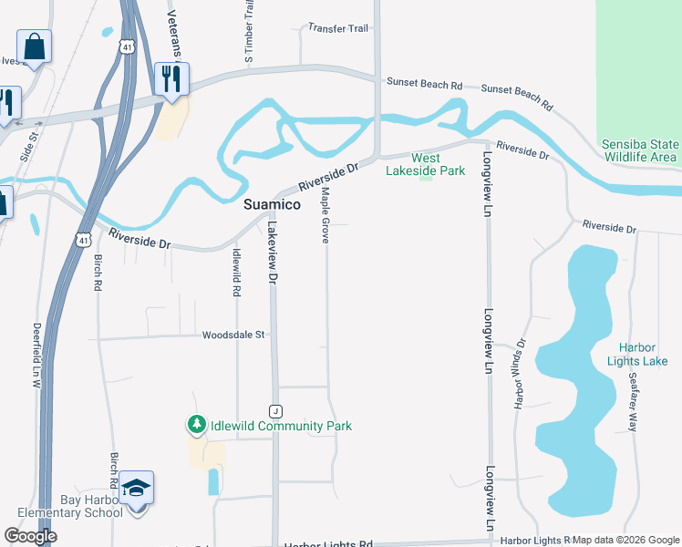 map of restaurants, bars, coffee shops, grocery stores, and more near 2745 Harbor Cove Lane in Suamico