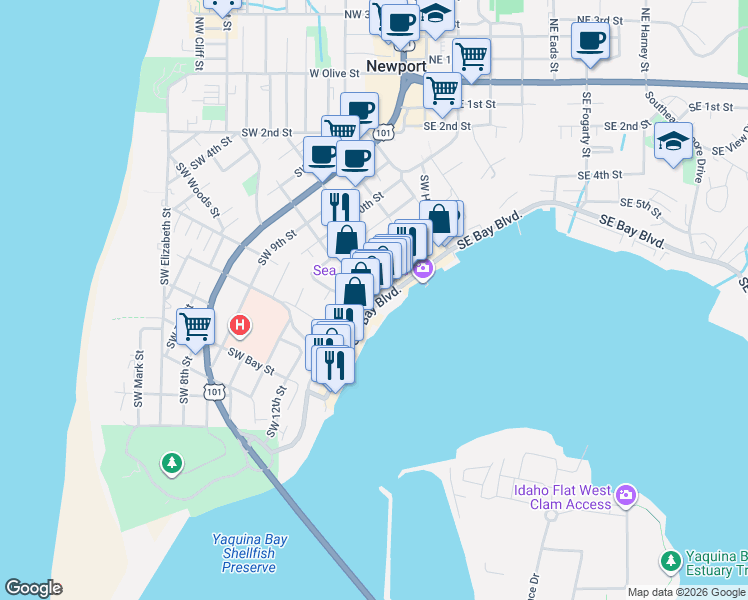 map of restaurants, bars, coffee shops, grocery stores, and more near Southeast Bay Boulevard in Newport